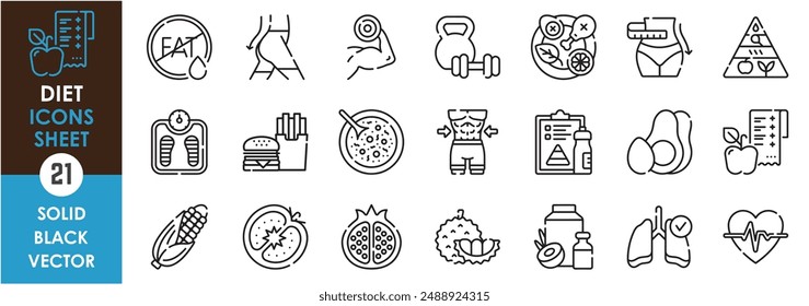 A set of line icons related to diet. Food, health, gym, training, fruits, heart, lungs, weight loss, soup, no fat, fitness and so on. Vector outline icons set.