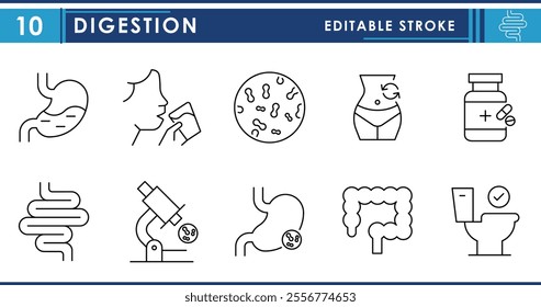 A set of line icons related to Digestion, intestine, stomach, and probiotics. Stomach, intestine, infections, drinking water, medicine and so on. Vector editable stroke.