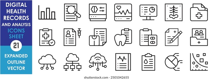 A set of line icons related to Digital Health Records and Analysis. Health, record, statistics, data, historic, paper, dental, histogram, and so on. Vector outline icons set.