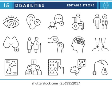 A set of line icons related to Disabilities. Blindness, hearing problem, voice, mental illness, robotic legs, elderly, braille, and so on. Vector editable stroke.