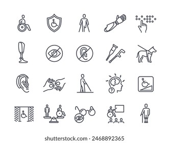 Conjunto de iconos de línea relacionados con la discapacidad. Símbolos simples con prótesis, silla de ruedas, perro guía, rampa y audífono. Trazo editable. Colección de Vector plano de contorno aislado sobre fondo blanco