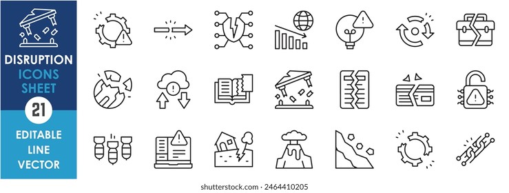 A set of line icons related to disruption. Damage, loss, break, fail related outline vector icons set.