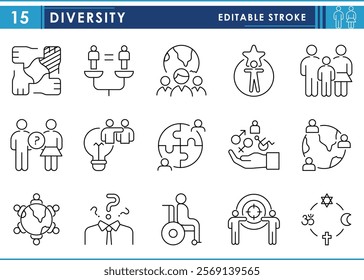 A set of line icons related to Diversity. Diverse, community, society, global, disables, world, equality, gender, race, and so on. Vector editable stroke.