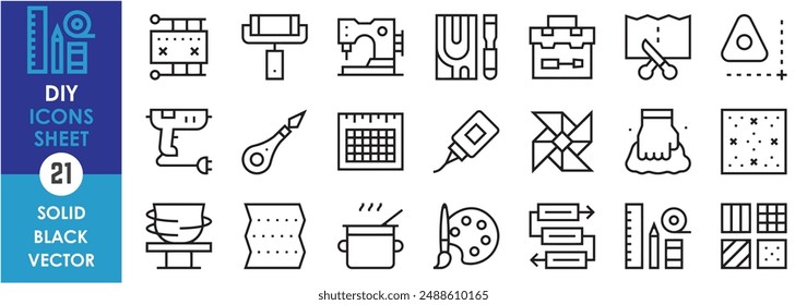 Conjunto de iconos de línea relacionados con Do It Yourself o DIE. Artesanía, diseño, pintura, puntada, reparación, ocio, gratis, papel, pegamento, arcilla, pluma, cocina, madera, etc. Conjunto de iconos de contorno de Vector.