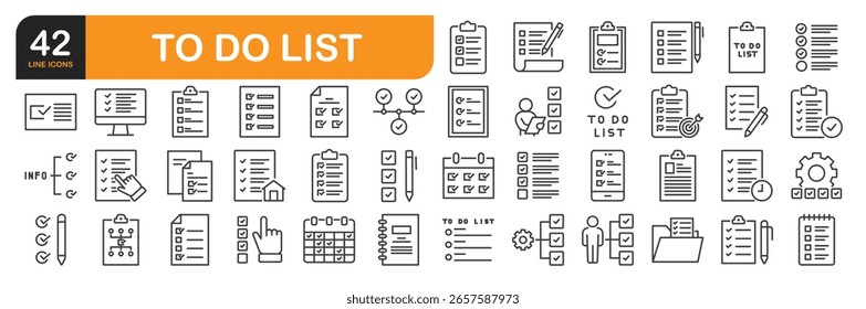 Conjunto de iconos de línea relacionados con la lista de tareas, lista de comprobación, Plan, tarea y más. Colección de iconos de contorno. Ilustración vectorial.