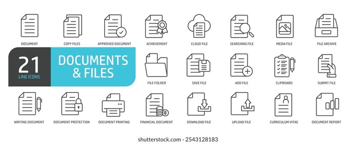Set of line icons related to document, file, archive, paper. Outline icons collection. Editable stroke. Vector illustration.