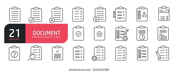 Set of line icons related to document, file, archive, paper. Outline icons collection. Vector illustration.