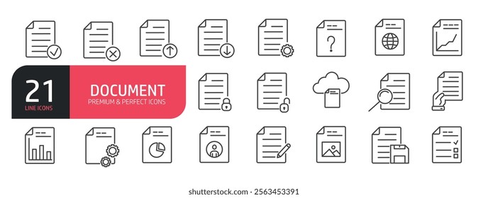 Set of line icons related to document, file, archive, paper. Outline icons collection. Vector illustration.