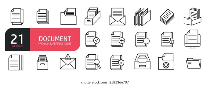 Set of line icons related to document, paper, folder, mail, research. Outline icons collection. Vector illustration.