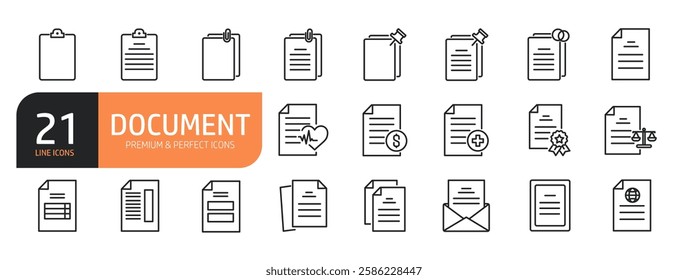 Set of line icons related to document, file, folder, paperwork and more. Outline icons collection.Vector illustration.