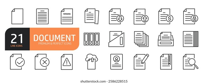 Set of line icons related to document, file, folder, paperwork and more. Outline icons collection.Vector illustration.