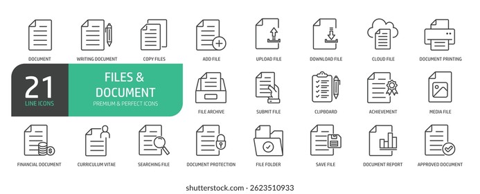 Conjunto de ícones de linha relacionados a documento, arquivo, arquivo, papel.