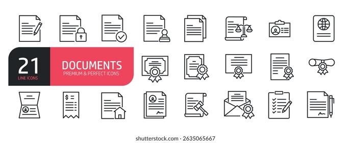 Set of line icons related to document, file, archive, paper, certificate. Outline icons collection. Vector illustration.