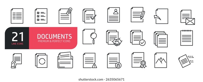 Conjunto de ícones de linha relacionados a documento, arquivo, arquivo, papel, certificado. Coleção de ícones de tópicos. Ilustração vetorial.