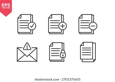 Conjunto de iconos de línea relacionados con el documento aprobado, documento seguro, agregar documento, múltiples documentos. Trazo editable. Ilustración vectorial