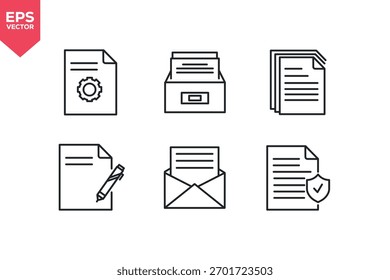 Satz von Liniensymbolen, die sich auf die Dokumenteinstellung, das Dateifeld, mehrere Dokumente, E-Mail-Dokumente, sichere Dokumente, Bearbeitungsdateien beziehen. Bearbeitbarer Strich. Vektorgrafik