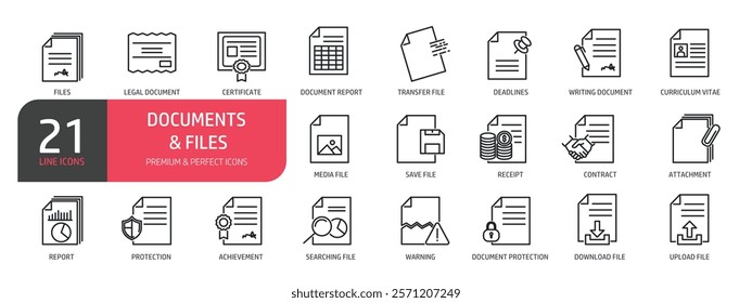 Set of line icons related to documents, contract, files, curriculum vitae. Outline icons collection. Vector illustration.