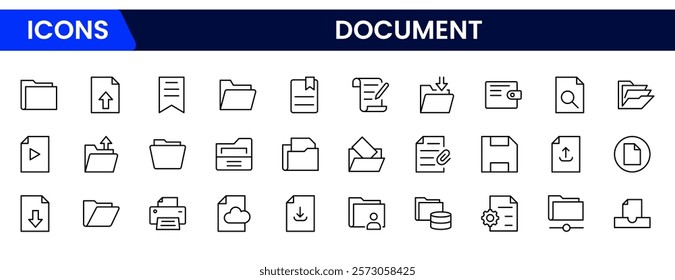 Set of line icons related to documents, contract, passport, resume, archive. Outline icons collection.