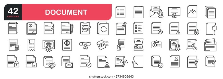 Set of line icons related to documents, lists, folders, contracts, paper, tables, analytics, questionnaire, certificate and more. Outline icons collection. Vector illustration