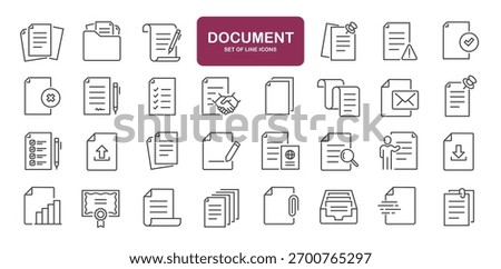 Set of line icons related to documents, contract, passport, resume, archive. Outline icons collection