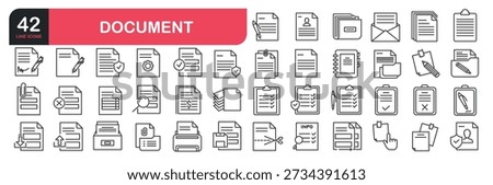 Set of line icons related to documents, lists, folders, contracts, paper, tables, analytics, questionnaire and more. Outline icons collection. Vector illustration