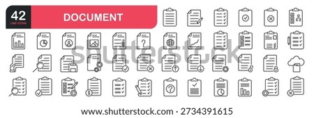 Set of line icons related to documents, lists, folders, contracts, paper, tables, analytics, questionnaire and more. Outline icons collection. Vector illustration