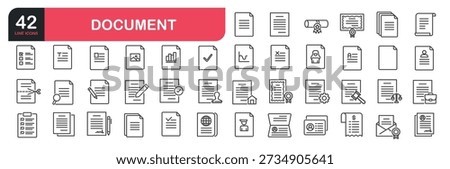 Set of line icons related to documents, lists, folders, contracts, paper, tables, analytics, questionnaire, certificate and more. Outline icons collection. Vector illustration
