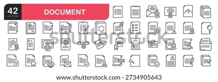 Set of line icons related to documents, lists, folders, contracts, paper, tables, analytics, questionnaire, certificate and more. Outline icons collection. Vector illustration