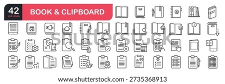 Set of line icons related to documents, lists, folders, paper, clipboard, book, certificate and more. Outline icons collection. Vector illustration
