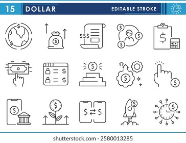 A set of line icons related to Dollar. Currency, USD, pay, buy, trade, transfer, statement, and so on. Vector editable stroke.