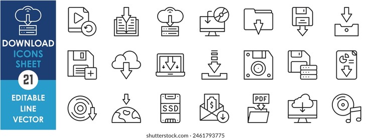 A set of line icons related to download. Outline icons with download, save, transfer, and so on.