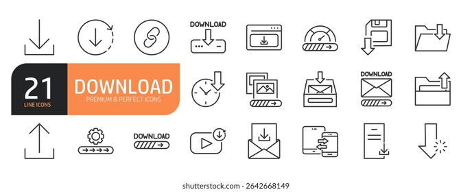 Set of line icons related to download, folder, website, Mobile, file and more. Outline icons collection. Vector illustration.