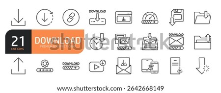 Set of line icons related to download, folder, website, Mobile, file and more. Outline icons collection. Vector illustration.