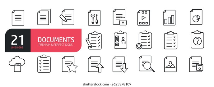 Set of line icons related to downloading, magnifying glass, copying, pencil, sheet music. Outline icons collection. Vector illustration.
