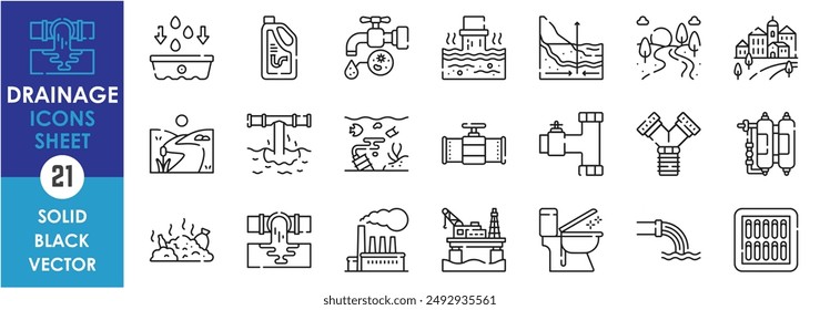 A set of line icons related to drainage. Sewer, pipeline, industrial, river, city, groundwater, pollution, drainage, cleaner, toilet and so on. Vector outline icons set.