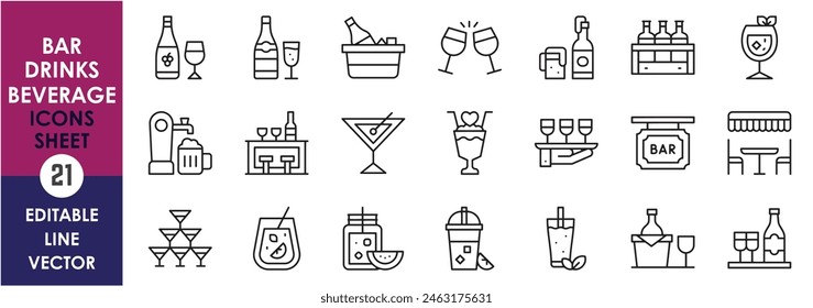 A set of line icons related to drinks and bar. Drinks, cocktail, mocktail, bar, wine, beer and so on. Vector outline icons set.