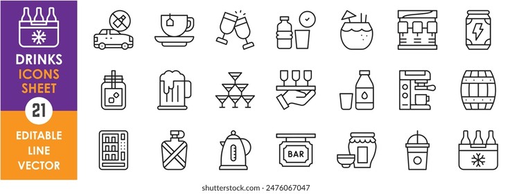 A set of line icons related to drinks. Drinks, wine, coffee, cold drinks, energy drinks, barrel, bar, water, milk and so on. Vector outline icons set.