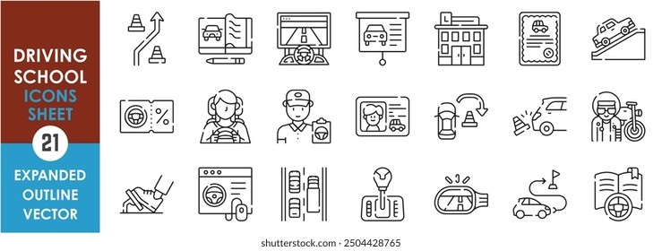 A set of line icons related to Driving School. School, drive, ride, trainer, license, learn, simulate, way, classes, certificate, and so on. Vector outline icons set.