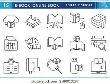 A set of line icons related to E-book or Online Books. Books, digital, download, cloud, worldwide, library, and so on. Vector editable stroke.