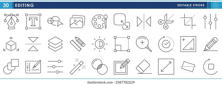 A set of line icons related to Editing. Design and edit tools and interfaces. Vector editable stroke.