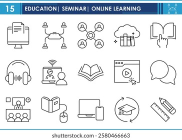 A set of line icons related to Education, seminar, and classes. Meeting, creative, online, books, connections, classroom, video, and so on. Vector editable stroke.