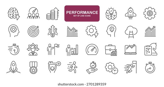 Conjunto de ícones de linha relacionados à eficiência, eficácia, otimização, progresso. Coleção de ícones de estrutura de tópicos