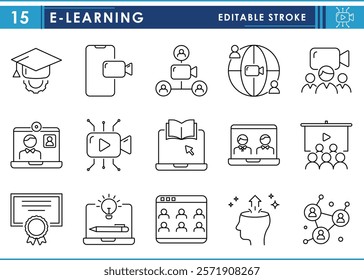 A set of line icons related to E-learning. Learn, online, training, graduate, connection, call, digital, innovative, group chat, and so on. Vector editable stroke.