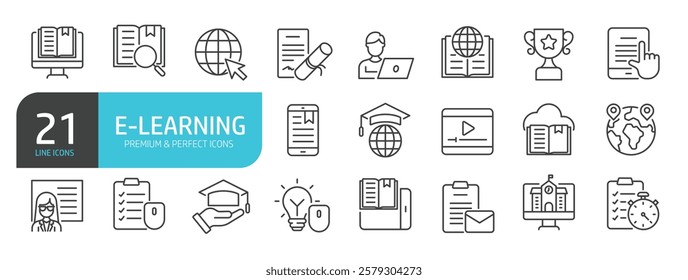 Set of line icons related to e-learning, school, study. Outline icons collection. Vector illustration.