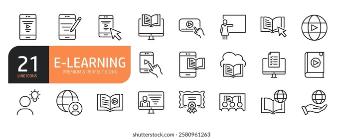 Set of line icons related to e-learning, online education,online reading, ebook and more. Outline icons collection. Vector illustration.