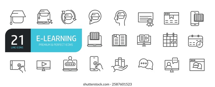 Set of line icons related to e-learning, education, online school, course. Outline icons collection. Vector illustration.