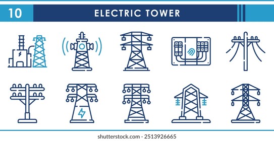 Um conjunto de ícones de linha relacionados à Torre Elétrica. Elétrica, postes, usina, eletricidade, alta tensão, distribuição, e assim por diante. Definição de ícones de contorno de vetor.