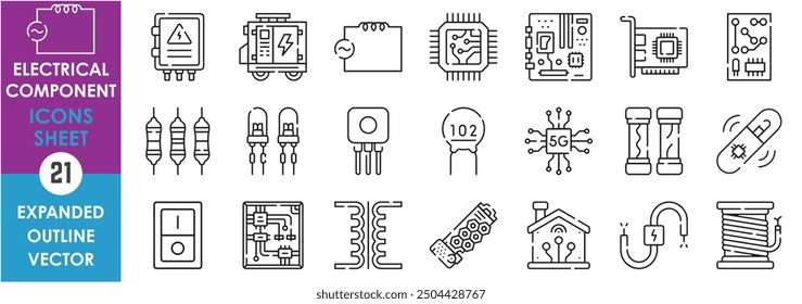 A set of line icons related to Electrical Component. Electrical, circuit, inductor, capacitor, diode, motherboard, fuse, distributor, semi-conductor, resistor, and so on. Vector outline icons set.