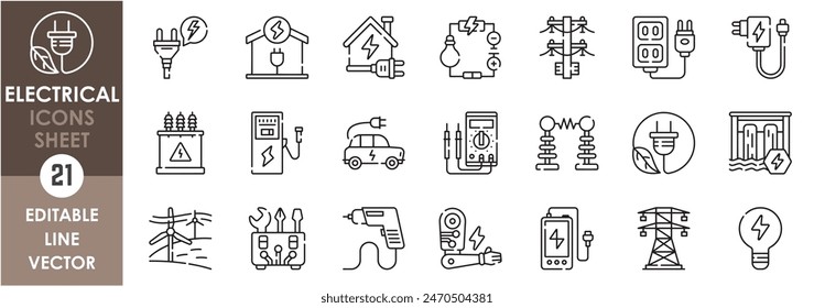 A set of line icons related to electricity. Electrical, charger, hydropower, bulb, wire, socket, tools and so on. Vector outline icons set.