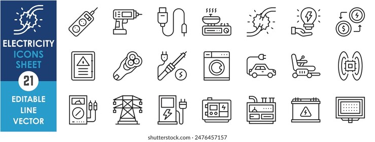 A set of line icons related to electricity. Electric, appliances, transformer, bulb, electrical vehicle, light, razor, washing machine and so on. Vector outline icons set.